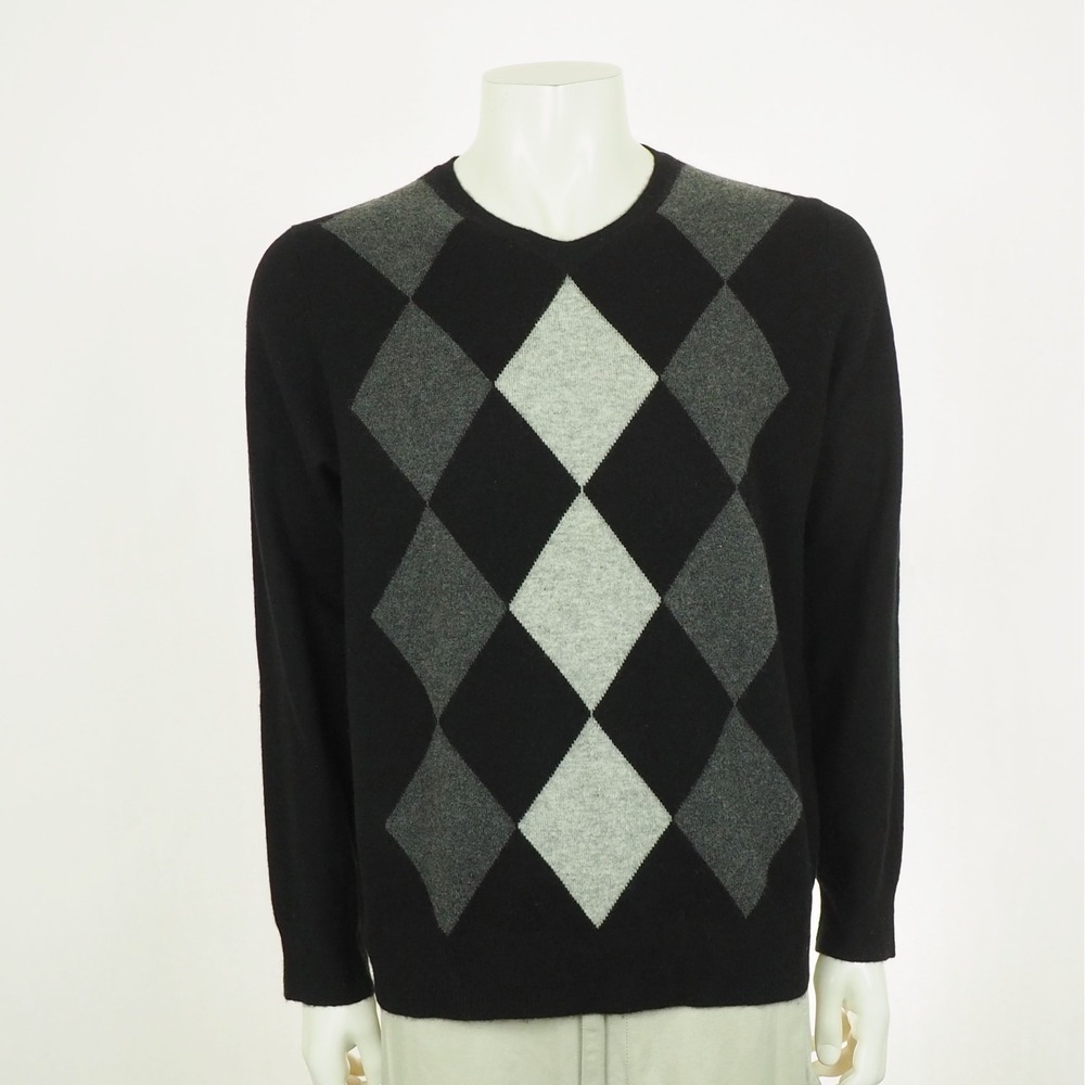 Apt. 9 100% Cashmere Pullover Sweater Mens Large Black Argyle Diamond V-Neck